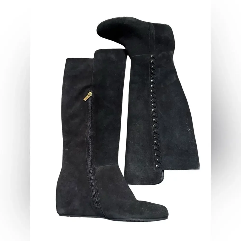 Isola Women’s 6.5 Elegant Black Knee-High Suede Boots with Whipstitch Trim